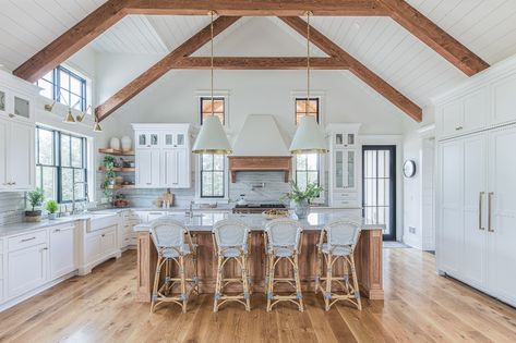 White Kitchen With Wood Island, Kitchen With Wood Island, Crystal Cabinets, Vaulted Ceiling Kitchen, Vaulted Ceiling Living Room, Wood Island, Luxury Appliances, Built In Refrigerator, Modern Farmhouse Kitchens