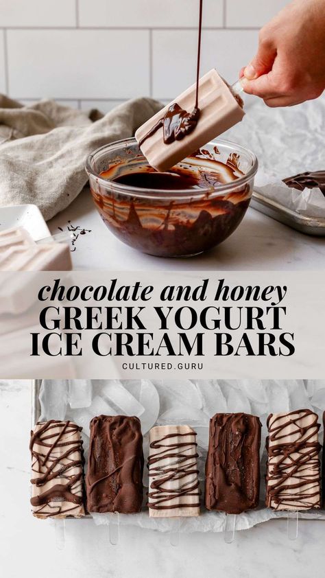 These chocolate and honey Greek yogurt ice cream bars are the perfect summer snack or dessert! They're made with high-protein, low-fat Greek yogurt, honey, and chocolate caramel LMNT electrolytes. Then, they're drizzled or dipped in rich dark chocolate. #yogurt #icecream #chocolate #popsicle #icecreambar Greek Yogurt Ice Cream Bars, Yasso Greek Yogurt Bars Copycat, Yogurt Ice Cream Bars, Lmnt Electrolytes, Greek Yogurt Ice Cream, Greek Yogurt Popsicles, Chocolate Popsicle, Low Calorie Sweets, Greek Yogurt Honey