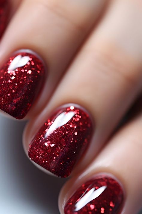 ruby red nails, glitter nail design, sparkling nails, nail art, trendy nails, holiday season nails, festive nails, nail ideas, nail inspiration, beauty trends, nail aesthetics, nail style, nail trends, chic nails, seasonal nail looks, glamorous nails, shimmering manicure, nail goals, unique nail designs, dazzling fingertips, nail trends 2024, red nails, glittery manicure, nail magic, fabulous nail art Red Nails Wedding Brides, Nail Ideas For A Red Dress, Sparkly Red Nail Designs, Red Chunky Glitter Nails, Red Cruise Nails, Holiday Sparkle Nails, Ruby Red Nails Designs, Sparkly Red Christmas Nails, Dark Red Glitter Nails