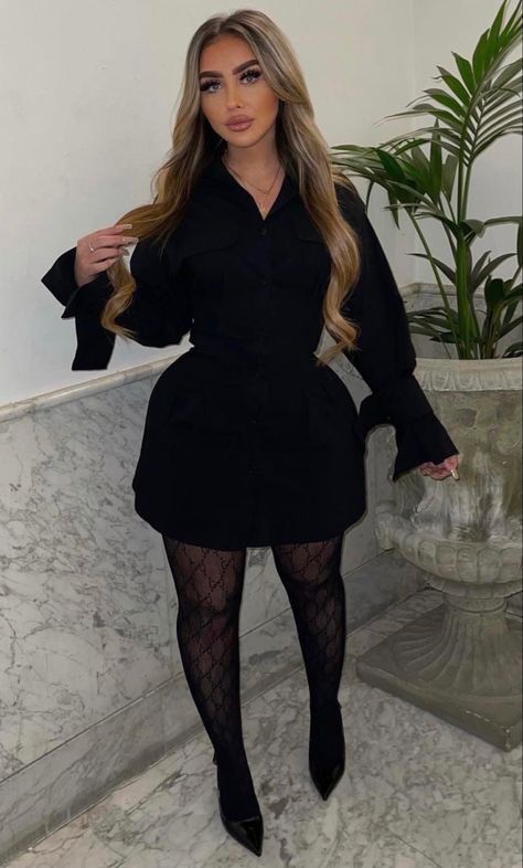 Black Dress Black Stockings Outfit, Satin Dress With Stockings Outfit, Stocking And Dress Outfits, Fancy Black Outfit Classy, Black Dress With Stockings Outfit Classy, Dress With Black Stockings Outfit, Winter Short Dress Outfit, Black Dress Black Tights Outfit, Tights And Dress Outfit