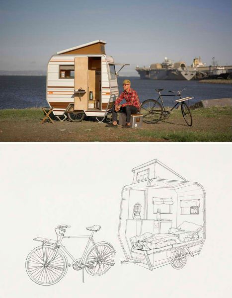 Bike Campers: 12 Mini Mobile Homes for Nomadic Cyclists | Urbanist Bicycle Camping, Building Things, Tiny Trailers, Bike Motor, Kombi Home, Tiny Camper, Bicycle Trailer, Velo Vintage, Bike Camping