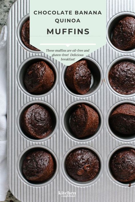 A recipe for Chocolate Banana Quinoa Muffins. Use leftover quinoa in a gluten-free chocolate muffin that is worthy of breakfast! Banana Quinoa Muffins, Banana Quinoa, Leftover Quinoa, Gluten Free Chocolate Muffins, Healthy Banana Recipes, Quinoa Muffins, Homemade Strawberry Sauce, Chocolate Muffin, Easy Gluten Free Desserts