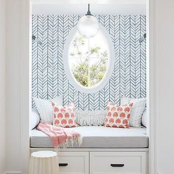 Reading Nook Alcove with Blue Wallpaper Cozy Apartment Living Room, Built In Window Seat, Window Nook, Baby Blue Wallpaper, Bedroom Nook, Oak Wood Floors, Transitional Living Rooms, Living Room Decor Apartment, Décor Diy