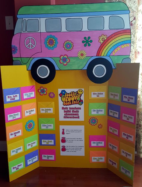 Groovy Book Fair Teacher Wish List Board Peace Love Books Book Fair, Groovy Book Fair, Book Fair Teacher Wish List Display, Classroom Wish List Ideas, Diy Birth Announcement, School Hallway Decorations, Wish List Ideas, Groovy Classroom, Teacher Wish List