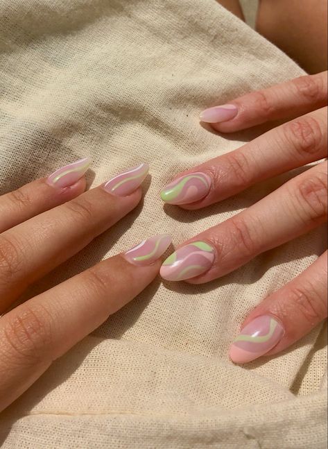 Green And Pink Swirl Nails, Cute Pink And Green Nails, Nails With A Green Dress, Green And Pink Acrylic Nails, Pink And Green Acrylic Nails, Pink And Green Nails Acrylic, Nails To Match Green Dress, Green And Pink Nails Designs, Nails Green And Pink