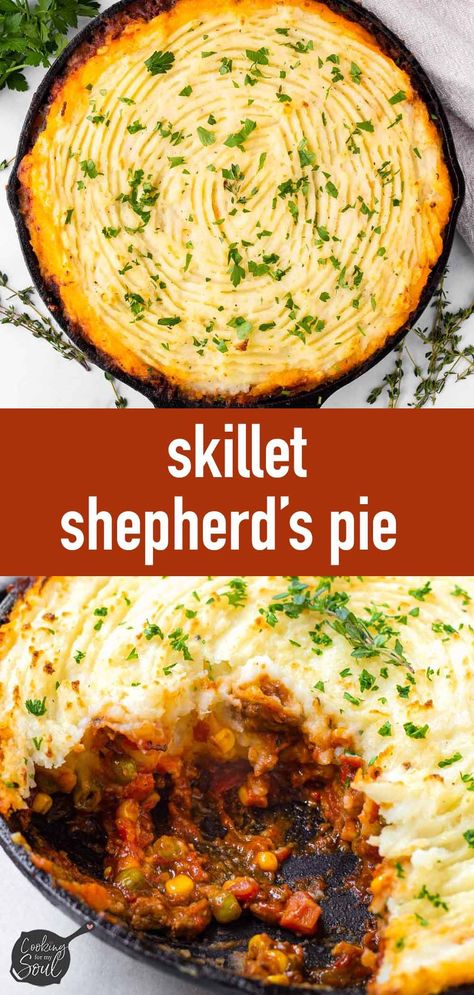 Skillet Shepherd's Pie! This easy shepherd's pie is made right in your cast iron skillet. Made with ground beef or lamb and vegetables, and topped with fluffy mashed potatoes. This is the perfect weeknight dinner! Shepherds Pie Recipe Skillet, Skillet Shepards Pie Recipe, Shepherds Pie Recipe Cast Iron Skillet, Shepherds Pie Recipe With Lamb, Cast Iron Shepherds Pie Recipe, Skillet Shepard’s Pie, Sheppard Pie Recipe, Sheppards Pie Recipe, Ground Turkey Shepherd's Pie