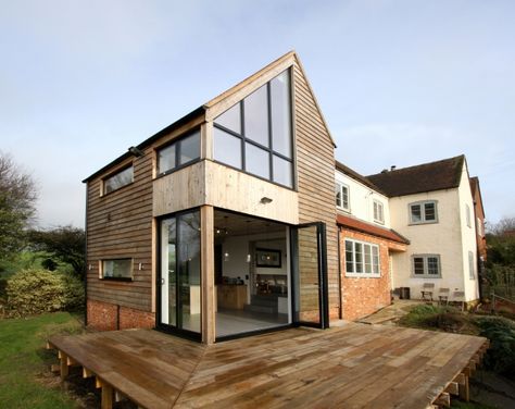 Modern Windows And Doors, Doors Aluminium, Gable Window, British House, Aluminium Sliding Doors, Aluminium Windows And Doors, Glass Extension, Modern Extension, Double Height