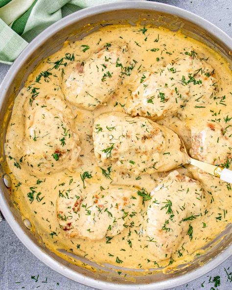 Easy, flavorful Chicken Thighs with Creamy Lemon Dill Sauce recipe, perfect for a quick, delicious family dinner. Creamy Lemon Dill Sauce, Dill Sauce Recipe, Lemon Dill Chicken, Dill Cream Sauce, Lemon Chicken Thighs, Cafe Owner, Dill Chicken, Chicken Smothered, Lemon Dill Sauce