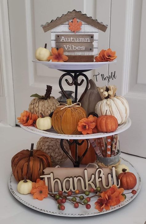 Three Tiered Cake, Porta Halloween, Fall Tray, Fall Decor Dollar Tree, Fall Tiered Tray Decor, Tiered Tray Diy, Tiered Cake, Fall Decor Ideas, Fall Thanksgiving Decor