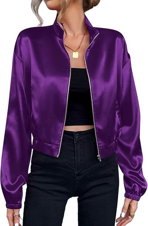 Amazon.com: Verdusa Women's Bomber Satin Lightweight Jacket Drop Shoulder Long Sleeve Zip Up Outerwear Purple Small : Clothing, Shoes & Jewelry Outdoor Night Club, Vest Sweaters, Shorts Skirt, Jeans High Waist, Party Outdoor, Blouse Jeans, High Waist Pants, Classic Fashion, Waist Pants