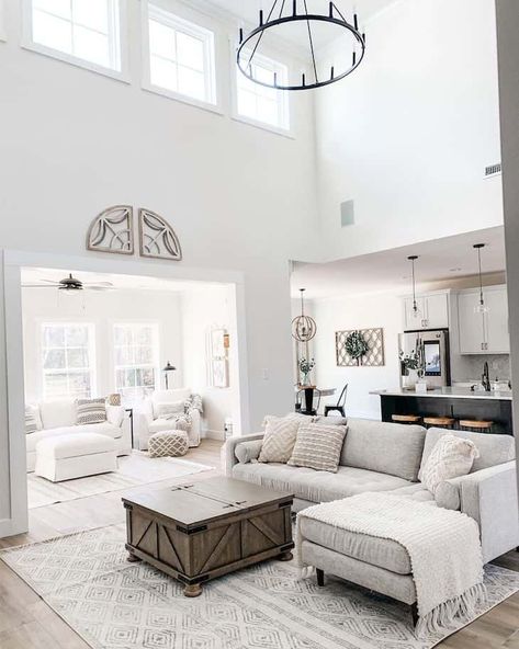 Sherwin Williams Alabaster White living room ideas - Farmhousehub Alabaster Sherwin Williams, Updated Cabin, Design Loves Detail, Church Conversions, Coastal House, Open Living, Gathering Room, Dekorasi Kamar Tidur, Furniture Placement