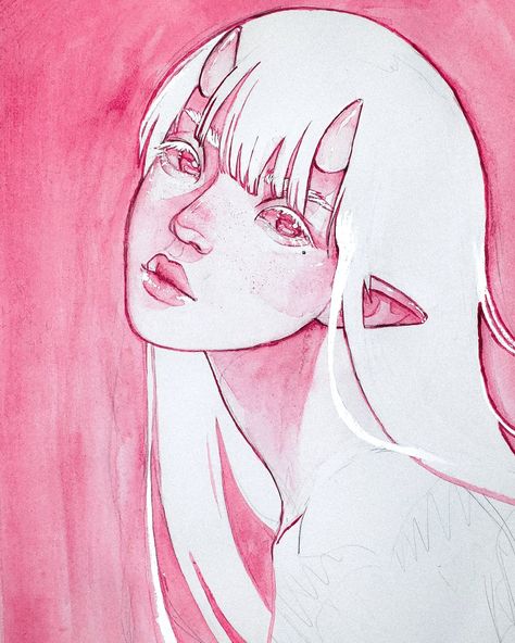 Pink Skin Art, Elfs Drawing, Albino Drawing, Albino Art, White Horns Aesthetic, Elf With Horns, Elf Pfp, White Demon, Horn Drawing Refrences