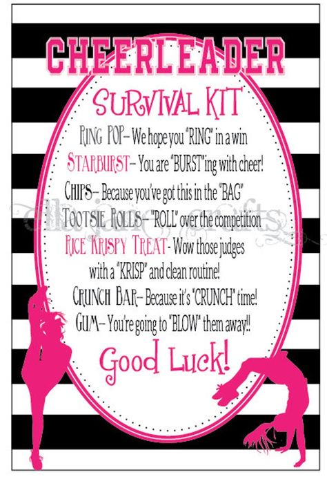 Cheerleading Competition Survival Kits Cheer Gifts CUSTOMIZED Survival Kit PDF File - Etsy Cheer Survival Kit, Cheer Sister Gifts, Cheer Competition Gifts, Competition Gifts, Cheer Tryouts, Cheer Team Gifts, Cheer Competition, Survival Kit Gifts, Cheerleading Competition