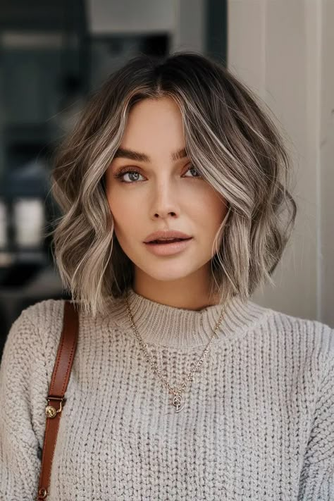 Deep Rooted Blonde Balayage, Bob Hairstyles Colour Ideas, Blonde Balayage On Dark Short Hair, Brown Bob Haircut With Highlights, Shadow Root Brown To Blonde Short Hair, Winter Hair Colors For Short Hair, Ash Blonde Balayage On Short Hair, Cool Bronde Bob, Mushroom Colour Hair