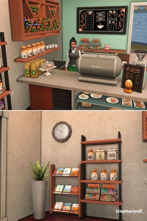 Functional coffee shop for your Sims and friends to hangout together with music and delicious foods. The Sims 4 interior decoration Cafe Shop Interior, The Sims 4 Interior, Sims 4 Interior, Save File, Cute Games, Sims 4 Build, Cafe Shop, Sims 4 Houses, Sims House