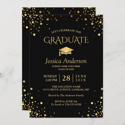 Graduation Invitations High School, Graduation Party Invitations Templates, Gold Graduation Party, Grad Invitations, Graduation Invitations Template, High School Graduation Party, Graduation Party Invitation, Confetti Dots, Black Invitation