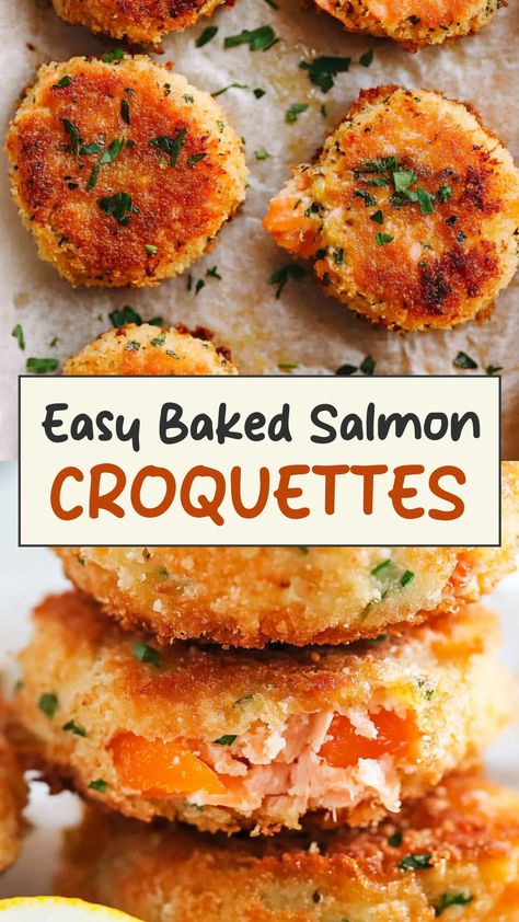 Looking for a delicious and easy seafood dish? Try these flavorful baked salmon croquettes! These crispy patties are perfect for a quick weeknight dinner or as a crowd-pleasing appetizer at your next gathering. Packed with nutritious ingredients, they are both satisfying and nutritious. Serve them with a side salad or your favorite dipping sauce for a complete meal that everyone will love. Salmon Cakes Baked, Smoked Salmon Patties Recipe, Smoked Salmon Muffins, Fresh Salmon Patties Recipe Easy, Baked Salmon Cakes With Canned Salmon, Healthy Salmon Patties Recipe, Make Ahead Fish Recipes, How To Make Salmon Croquettes, Baked Salmon Croquettes Oven