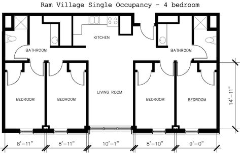 Ram Village Apartments - Single Occupant (1-4 Bedrooms) - UNC Housing Dorm Room Architecture, Dorm Planning, Student Accomodation, Dorm Layout, University Apartment, Row House Design, Campus Apartment, Hostels Design, Student Dorm