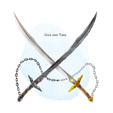 ⚔️ 𝗡𝗲𝘄 𝗶𝘁𝗲𝗺! Give and Take Weapon (scimitar), very rare (requires attunement) ___  This magic pair of mythril (Give) and onyx (Take) scimitars are connected by a sturdy chain. When you engage in two-weapon fighting using both scimitars, you can add your ability modifier to the damage of the second attack.  The scimitars have a collective 10 charges and regain 1d6 + 4 charges each day at midday. While holding these weapons, you can expend 1 of ... The Griffon's Saddlebag, Hero Of Time, Dragon Samurai, Griffon's Saddlebag, Fantasy Blade, D D Items, The Heir, Dnd 5e Homebrew, Dnd Dragons