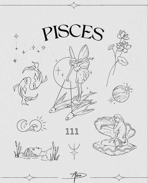 Pisces, zodiac sign,  tattoo inspo, small tattoo, Pisces tattoo, tattoo ideas, trendy tattoo, astrology tattoo, Pisces fairy Pisces Patchwork Tattoo, Pisces Simple Tattoo, Pisces Minimal Tattoo, Zodiac Flash Sheet, Minimalist Crystal Tattoo, French Tattoo Ideas Illustration, Cute Pisces Tattoos, Piceses Tattoo Ideas, Pisces And Aries Tattoo