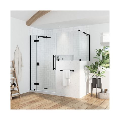 OVE Endless Tampa TA13A4400, 66 7/8 in. W x 72 in. H Buttress Corner Frameless Hinge Shower Door in Black. The OVE Decors Endless 66 7/8 in. Tampa frameless hinge shower door set with buttress panel features a fixed panel hinge system, offering an industrial-inspired look that will complement any space. It comes with premium quality oversized hardware complete with a Black finish, and includes  a 10 in. wide fixed panel, a 24 in. wide door panel, a 30 in. wide buttress inline panel, a 30 in. wid Shower Buttress Wall, Shower Remodel Half Wall, Walk In Shower With Half Wall And Glass Door, Walk In Shower With Double Shower Heads, Glass Shower Doors Frameless Half Walls, Half Shower Glass Door, Bathroom With Standing Tub, Shower Pony Wall Ideas, Modern White Bathroom Design