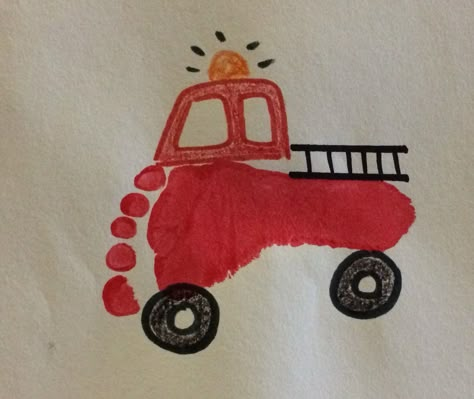 Foot Print Fire Truck Art Fire Safety Crafts, Fire Truck Craft, Art For Toddlers, Safety Crafts, Fire Crafts, Truck Crafts, October Crafts, Baby Art Projects, Footprint Crafts