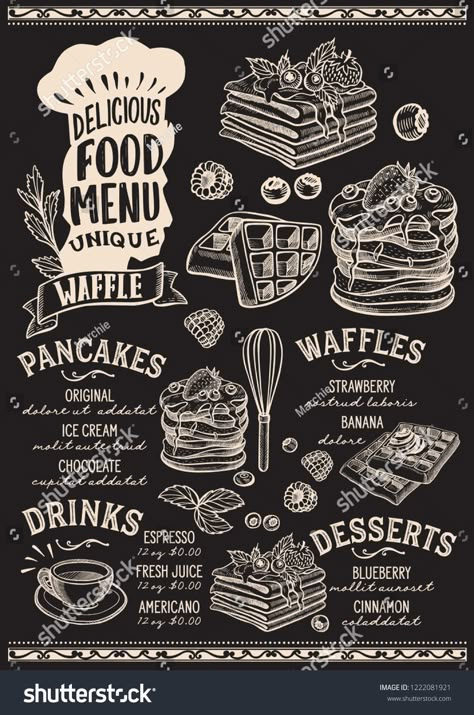 Black Board Menu Cafe, Black Board Menu Design, Waffle Illustration Graphic Design, Pancake Menu Design, Cafe Board Design, Pancake Background, Waffle Menu Design, Black Board Ideas, Black Board Design