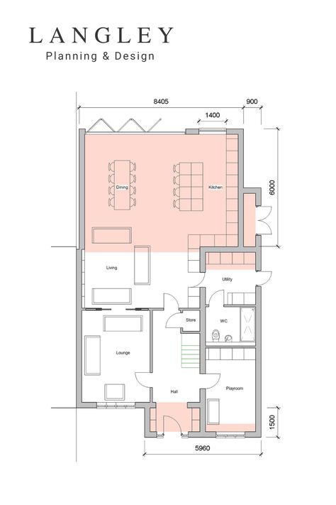 Rear Extension Floor Plan, Extension Floorplan, Kitchen Extension Floor Plan, 1930s House Extension, Extension Plans, House Extension Plans, Country Kitchen Designs, 1930s House, Extra Bedroom