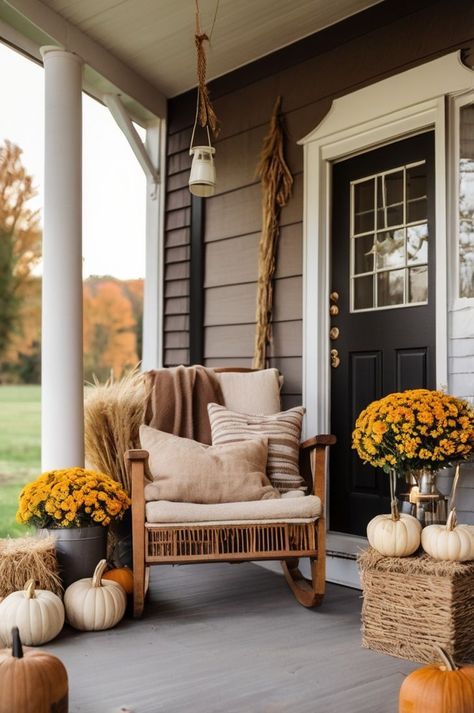 Homey Fall Decor, Farmhouse Fall Front Porch Decor Ideas, Front Porch Chairs Ideas, Farmhouse Fall Porch Decor, Cozy Fall Porch, Farmhouse Fall Porch, Pretty Porches, Fall Cabin, Small Porch Ideas