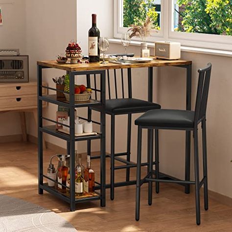 Amazon.com - Gizoon Bar Table and Chairs Set for 2 with 3 Storage Shelves, Modern Pub Table Set with Pu Cushion Chairs & Thick Wood Top for Breakfast, 3-Piece Small Table for Kitchen - Retro - Table & Chair Sets Modern Pub Table, Bar Table And Chairs, Cushion Chairs, Pub Dining Set, Small Dining Table Set, Counter Height Dining Table Set, Breakfast Nook Dining Set, Nook Dining Set, Small Kitchen Tables