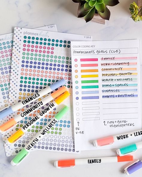 FREE Printable! I made a color coding key to help you match colors for your planner (I'm using the powersheets CLE colors!). In my video, I tried out some stickers and showed you how I make my marker labels. Make sure you check out my blog post to get the freebie, see all the supplies, and watch the video. Color Code For Planner, Planner Key Color Code, How To Use Stickers In Your Planner, Powersheets Printable Free, Color Code Planner Ideas, Journal Color Code, Color Coded Planner, Planner Color Coding Key, Planner Organization Color Code