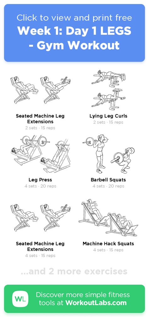 Week 1: Day 1 LEGS - Gym Workout – click to view and print this illustrated exercise plan created with #WorkoutLabsFit Workout Gym Plan For Women, Let Workout Gym, Gym Work Out Routines For Women, Legs Gym Workout For Women, Day 1 Gym Workout, Gym Exercises For Women Workout Plans, Weight Gym Workout For Women, Legs Workout Women Gym, Leg Work Out Gym For Women