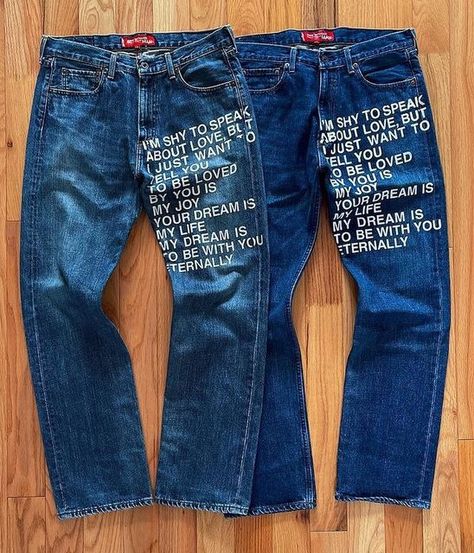 Words On Pants, Words On Jeans, Crazy Pieces, Denim Jeans Men, Junya Watanabe, Pants Design, Printed Denim, Denim Design, Designer Jeans