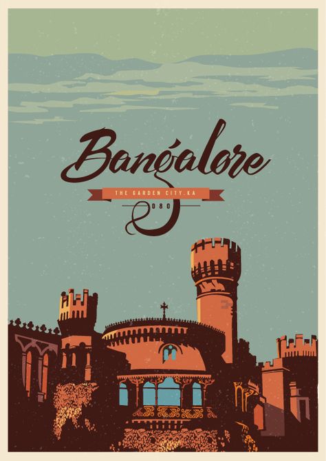 Bangalore City, India Poster, Indian Illustration, Visit India, Travel Postcard, City Illustration, Travel Design, India Travel, Vintage Travel Posters