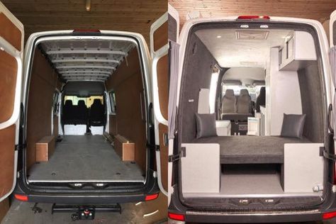 VW Crafter LWB Camper Conversion - Before & After Vw Crafter Conversion, Crafter Camper Conversion, Vw Crafter Camper, Vw Conversions, Custom Camper Vans, Sprinter Conversion, Camper Van Life, Van Conversion Interior, Double Sliding Doors