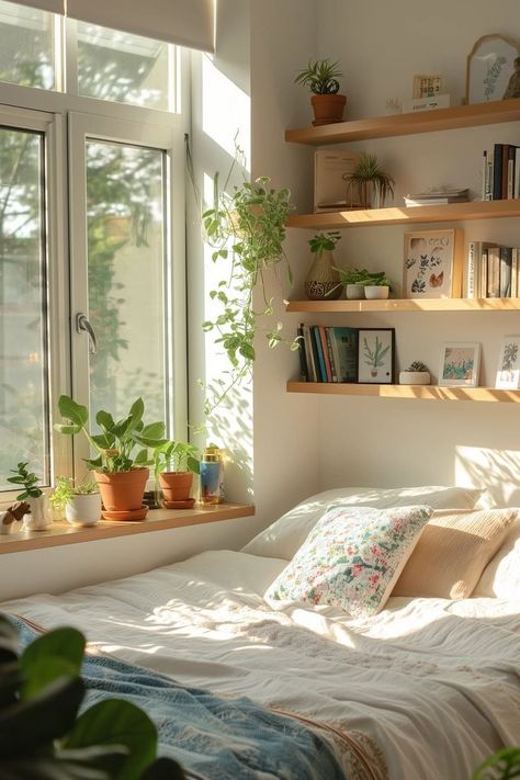 Small Room Nature Aesthetic, Natural Room Decor Ideas, Nature Inspired Apartment, Natural Light Room Aesthetic, White And Wood Room Aesthetic, Room Decor Bedroom Wood, Room Decor Wood Bedroom, Cozy Uni Room, Salted Granola Aesthetic Bedroom