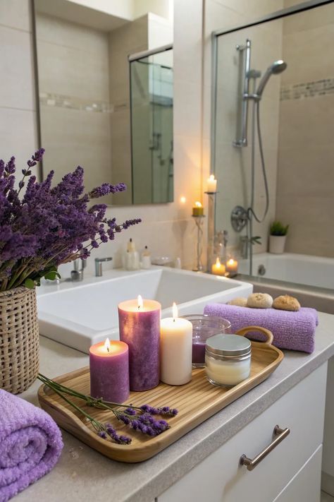 14+ Serene Lavender Bathroom Ideas to Inspire You Lavender Wall Paint, Lavender Bathroom Ideas, Lavender Tile, Lavender Shower Curtain, Coastal Farmhouse Bathroom, Lavender Curtains, Lavender Bathroom, Lavender Walls, Lavender Paint