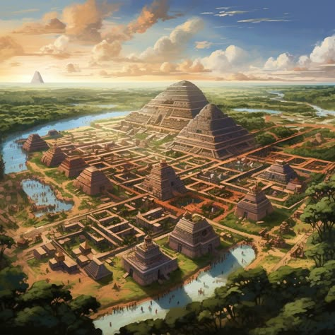 Mayan City Concept Art, Mayan Civilization Art, Aztec City Concept Art, Mayan Fantasy Art, Aztec Temple Concept Art, Mayan Concept Art, Jungle Civilization, Maya Architecture, Mesoamerican Architecture