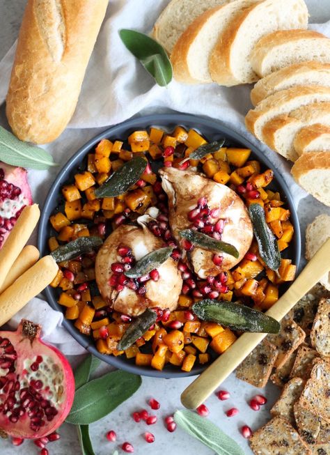 Burrata with Maple Roasted Butternut Squash, Pomegranate Balsamic Glaze, and Crispy Sage Butternut Squash Pomegranate, Burrata Appetizer, Sage Brown Butter, Burrata Recipe, Balsamic Reduction, Roasted Squash, Balsamic Glaze, Roasted Butternut Squash, Roasted Butternut