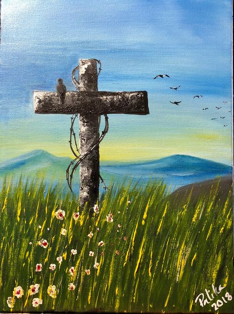 Cross on hill Hill Painting Easy, Old Rugged Cross Painting, Cross On A Hill Painting, Three Crosses Painting, Cross Paintings On Canvas, Christian Paintings On Canvas Easy, Biblijski Citati, Simple Christian Art, Cross Canvas Paintings