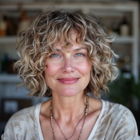 Curly Bob Side Bangs, Messy Curly Bob Hairstyles, Curly Bob Over 50, Blonde Curly Bob With Bangs, Curly Medium Length Hair With Bangs, Short Curly Bob Hairstyles With Bangs, Curly Lob With Curtain Bangs, Naturally Curly Bob With Bangs, Permed Hairstyles With Bangs