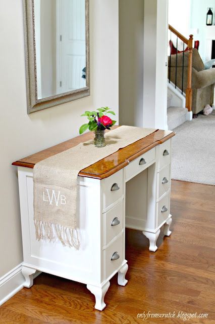 Only From Scratch: Sophisticated Desk Makeover for the Foyer Using A Desk As An Entry Table, Desk In Foyer Entry Ways, Entryway Desk Ideas Foyers, Desk In Foyer, Antique Wooden Desk Makeover, Feminine Desk Antique Light Wood, Entryway Desk, Desk In Living Room, Oak Forest