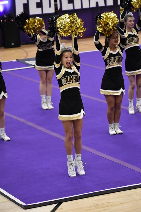 Gold And White Cheer Uniforms, Black And Gold Cheer Uniforms, Black Cheer Uniforms, Cheer Uniform Ideas, High School Cheer Uniforms, Greenville Tennessee, Cheer Photo Poses, Cheerleading Poses, Cheer Costumes