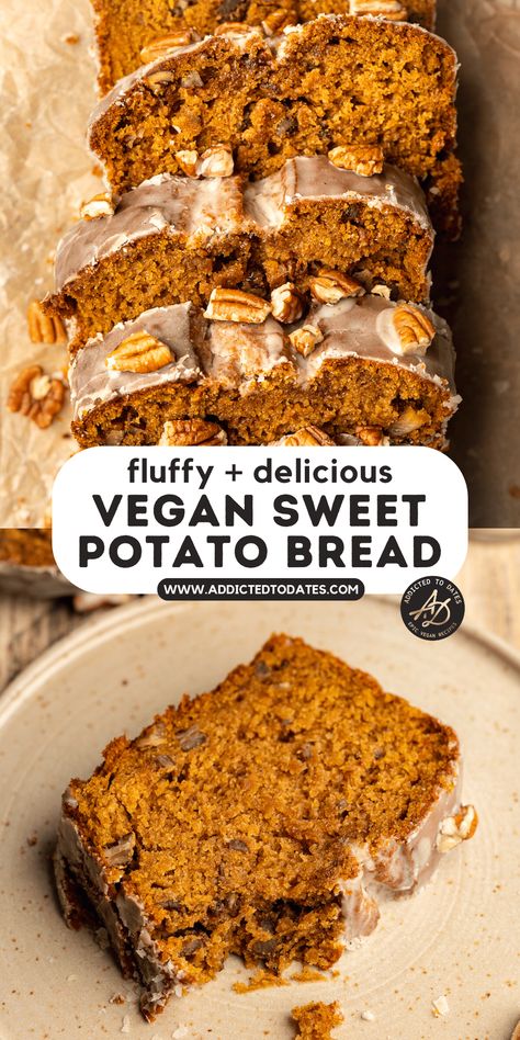 Vegan Sweet Potato Bread - Addicted to Dates Vegan Fall Bread, Vegan Breakfast Loaf, Vegan Sweet Potato Pound Cake, Sweet Potato Bread Vegan, Vegan Sweet Bread Recipes, Sweet Potato Oatmeal Bars, Vegan Sweet Potato Recipes Dinners, Vegan Sweet Potato Dessert, Vegan Quick Breads