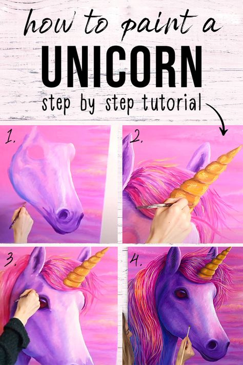 Learn how to paint a cute and colorful unicorn in acrylic paints with this fun step by step art tutorial from Rachel Froud 🦄 Create a pretty pink unicorn painting using acrylic paints, perfect to hang up on your wall! Unicorn Painting Ideas, Unicorn Painting Canvas, Unicorn Acrylic Painting, Unicorn Paintings, Step By Step Art, Unicorn Paint, Lauren Elizabeth, Unicorn Painting, Colorful Unicorn