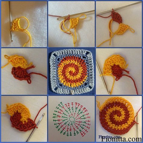 Crochet square motifs | Fionitta,  Spiral granny square Spiral Crochet Pattern, Motifs Granny Square, Háčkované Lemy, Spiral Crochet, Crochet Stitches Guide, Crochet Mandala Pattern, Mode Crochet, Crochet Motif Patterns, Diy Vetement