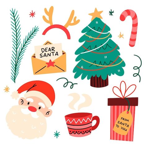 Free vector hand drawn christmas element... | Free Vector #Freepik #freevector #hand-drawn-christmas #christmas-event #christmas-elements #christmas-collection Christmas Presents For Her, Xmas Sticker, Merry Christmas Background, Creative Christmas Trees, Free Christmas Printables, Presents For Her, Christmas Lettering, Christmas Illustration, Christmas Vectors