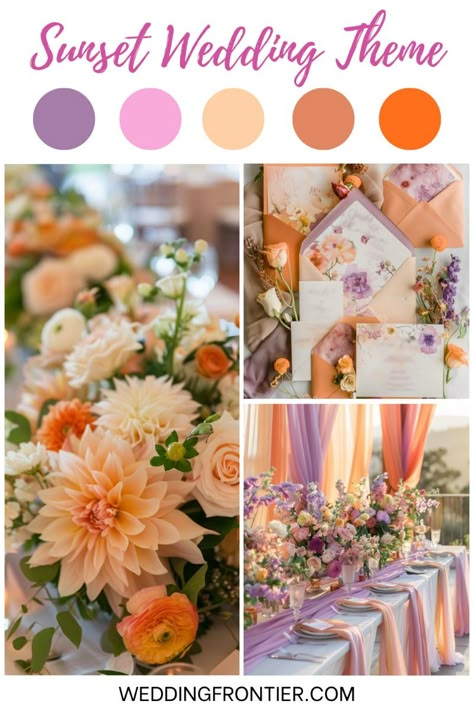 Pin this for your sunset wedding theme idea that beautifully blends natural elegance with unforgettable charm! Drawing inspiration from the stunning hues of a sunset, create a captivating color palette for your celebration. Utilize warm shades in your floral arrangements, linens, and lighting to set the perfect tone. Enhance the ambiance with coordinating attire, elegant invitations, and thoughtfully curated menu items that reflect the enchanting colors of the dusk sky. This harmonious color scheme will ensure a cohesive and breathtaking experience for you and your guests. Wedding Color Schemes With Orange, Spring Wedding Colors Flowers, Orange Color Wedding Theme, Sunset Garden Wedding Theme, April Wedding Color Palette, Whimsical Wedding Colors, Wedding Colors Schemes Spring, Summer Wedding Purple, Sunset Wedding Theme Color Schemes