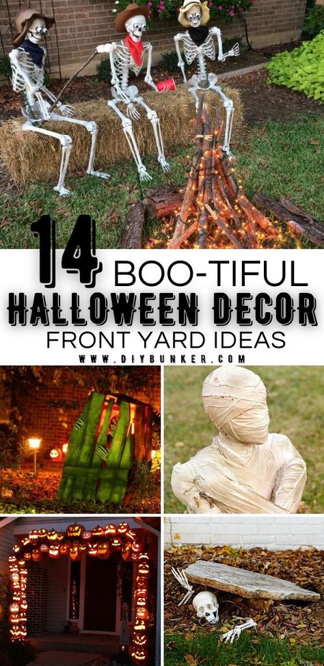 Front Yard Halloween Ideas | These scary easy Halloween DIY Projects ideas are a great way to decorate your front yard! Make your friends and neighbors super jealous with these Halloween outdoor decorations. #halloween #halloweendecor #holidays #diy #halloweendiy Halloween Yardscape, Halloween Exterior Decor, Halloween Exterior, Outdoor Halloween Decor Ideas, Front Yard Halloween Decorations, Diy Halloween Dekoration, Halloween Maze, Halloween Lawn, Outdoor Halloween Decor