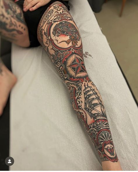 Western Leg Sleeve, Traditional Tattoo Leg Sleeve, Trad Sleeve, Old School Traditional Tattoo, Left Arm Tattoo, Old School Ink, Traditional Black Tattoo, Left Arm Tattoos, Vintage Tattoo Art